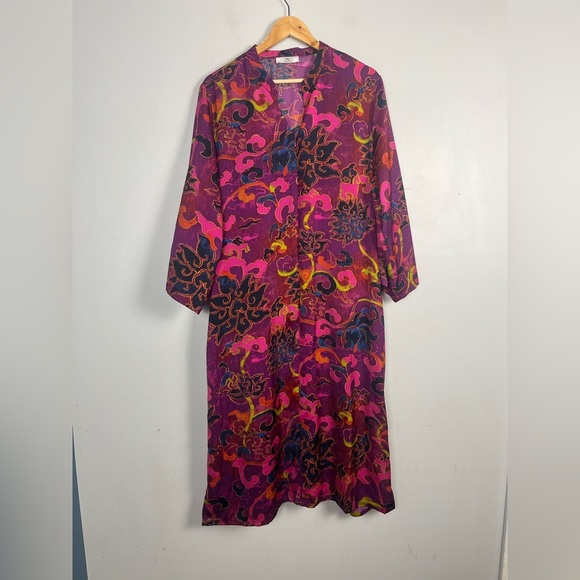 Natori Matte Satin Caftan in plum multi size XL Front Zip - Picture 1 of 7